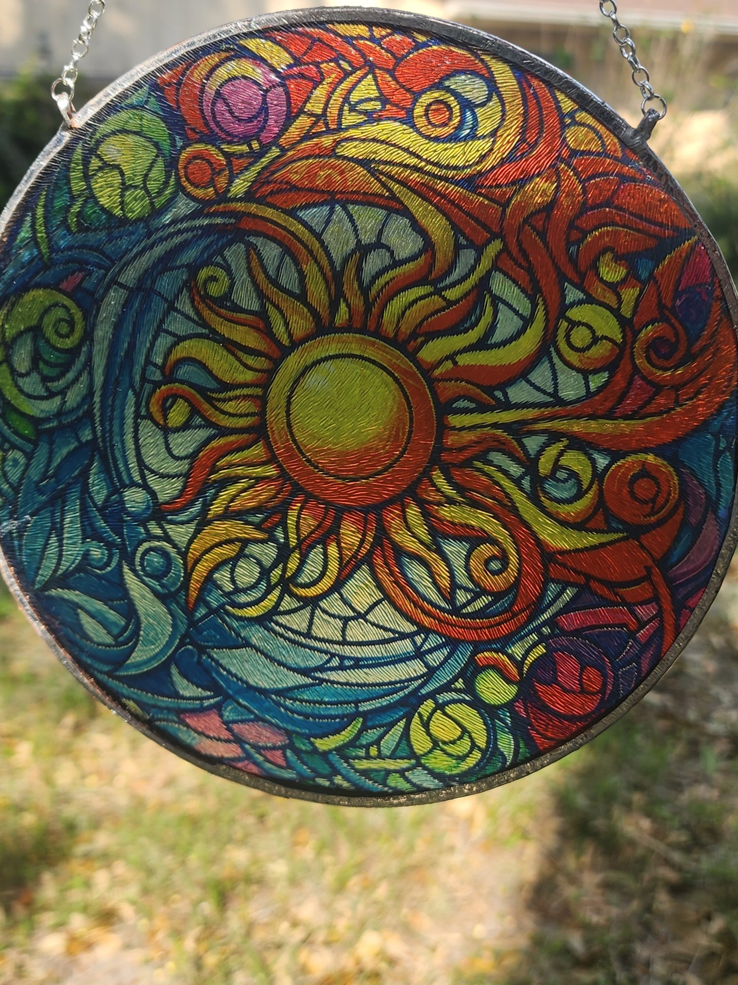 Morning Fire Celtic Inspired Stained Glass Sun and Moon Suncatcher