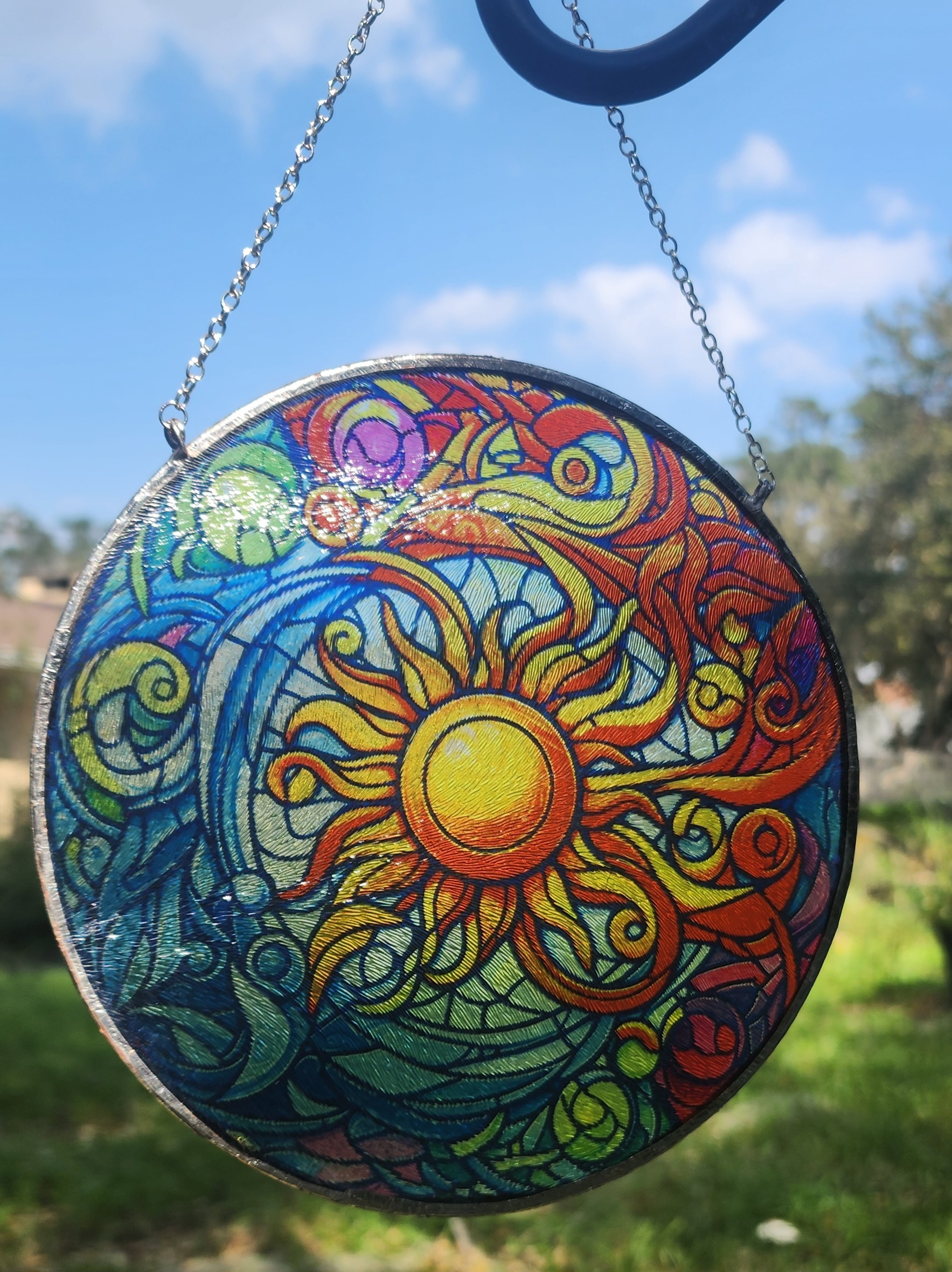 Morning Fire Celtic Inspired Stained Glass Sun and Moon Suncatcher