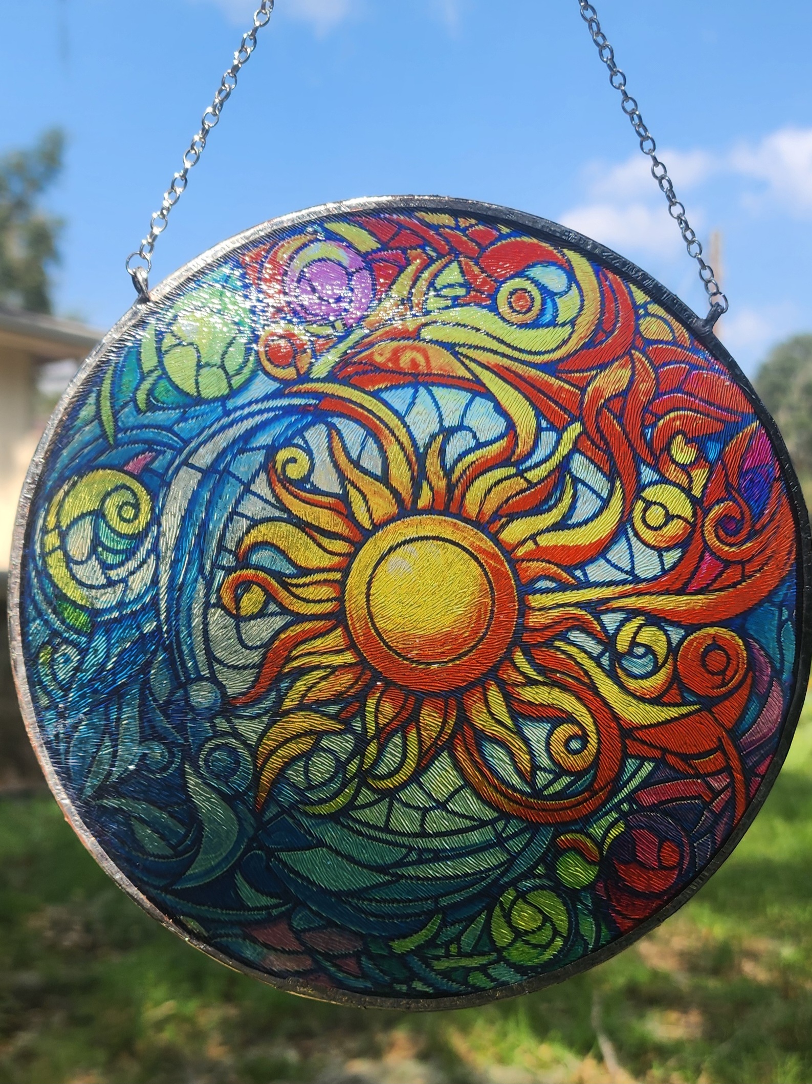 Morning Fire Celtic Inspired Stained Glass Sun and Moon Suncatcher