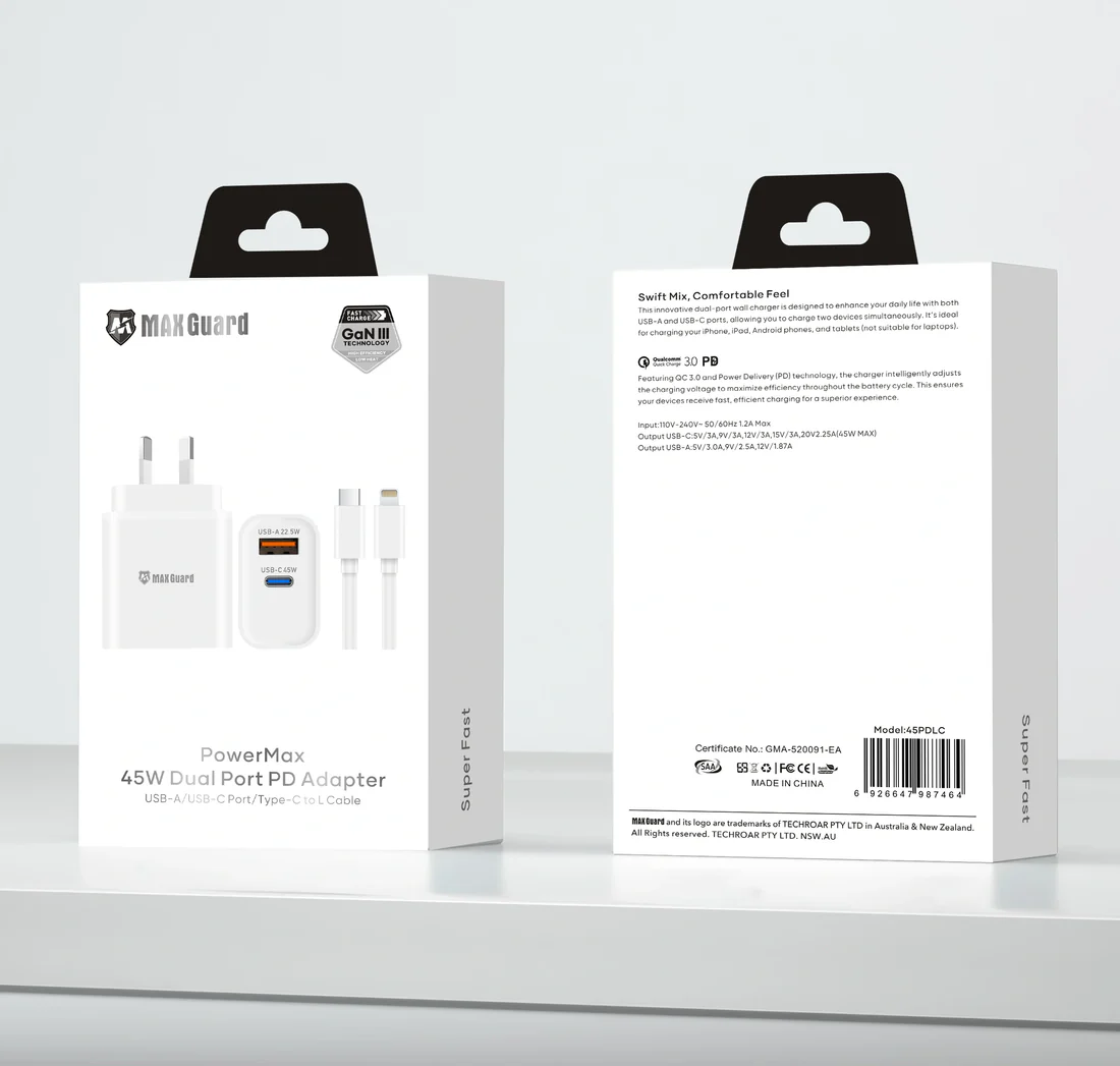 Maxguard PD 45W wall charger with Type-C to C and Type-C to Lightning   45PDLC 45PDLCC