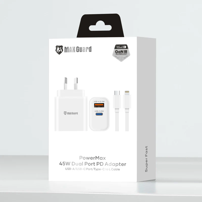 Maxguard PD 45W wall charger with Type-C to C and Type-C to Lightning   45PDLC 45PDLCC