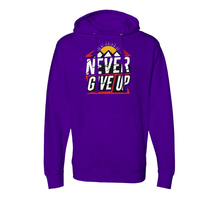 Hoodie with 'Never Give Up' Print Midweight Hood Sweatshirt