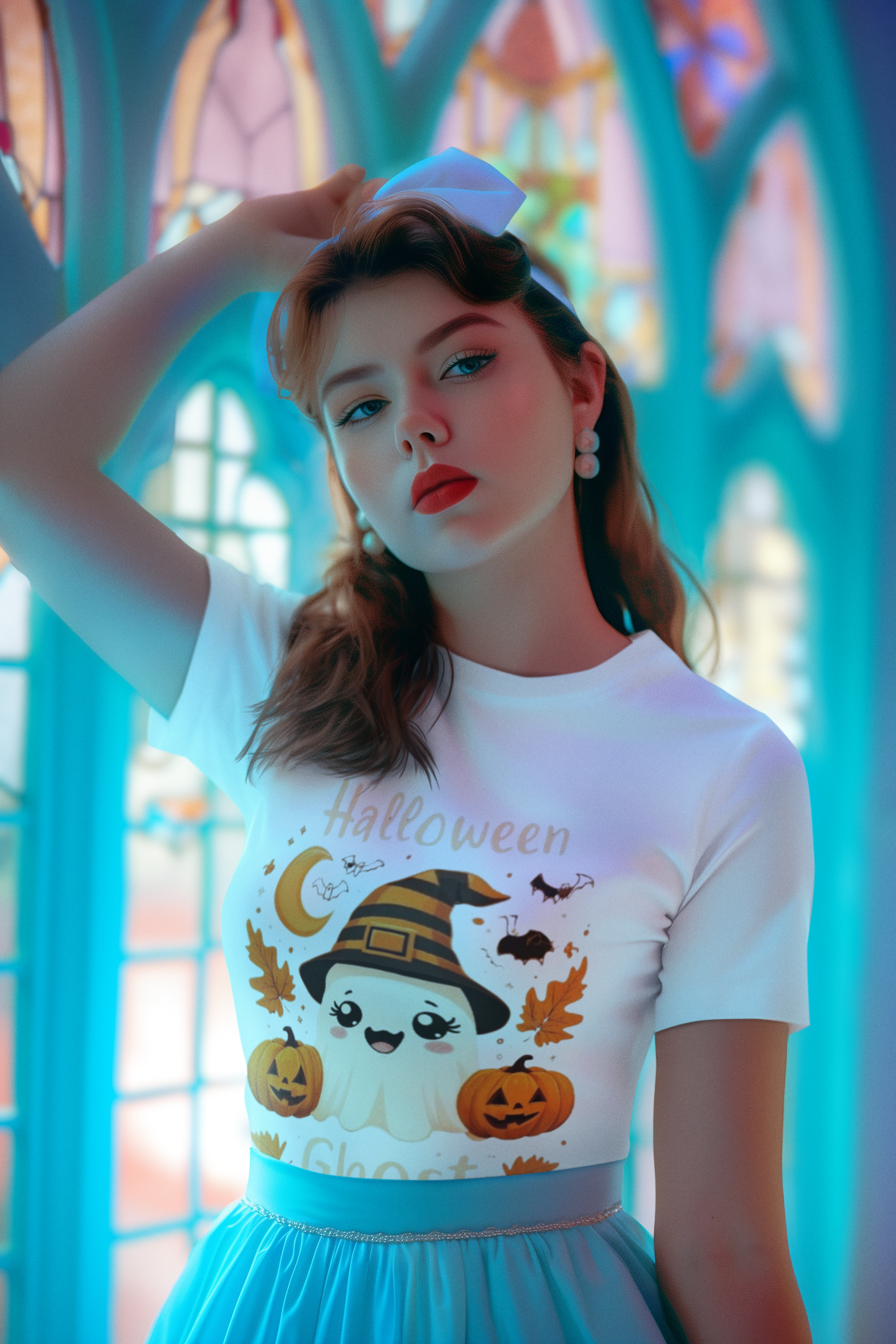 Cute Halloween Ghost T-Shirt Premium Women Crewneck T Shirt