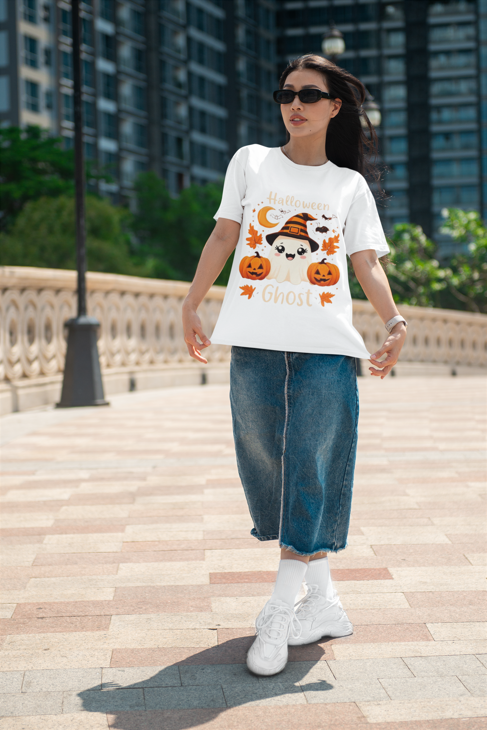 Cute Halloween Ghost T-Shirt Premium Women Crewneck T Shirt