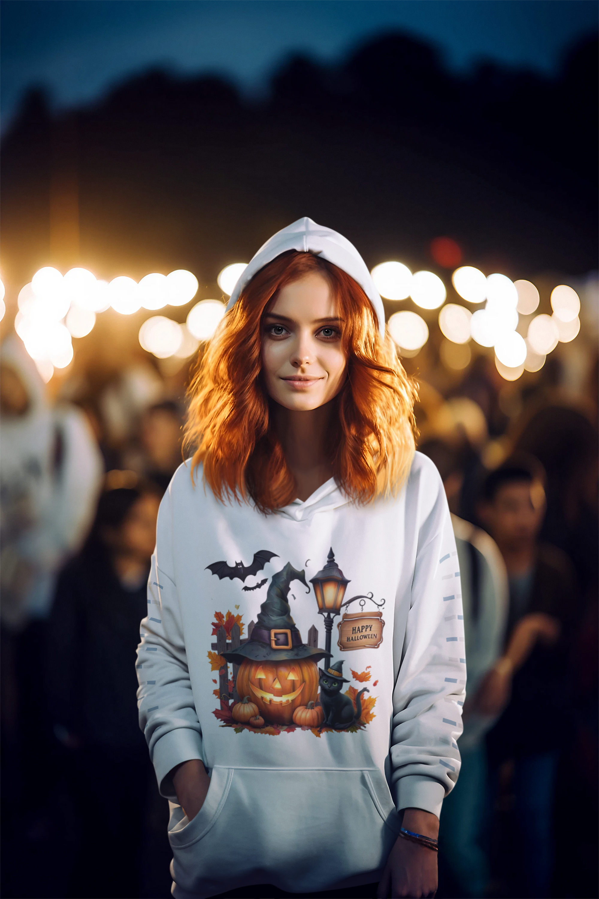 Spooky Night Cat Hoodie – Halloween Pumpkin & Bats Under Street Light Halloween Hoodie