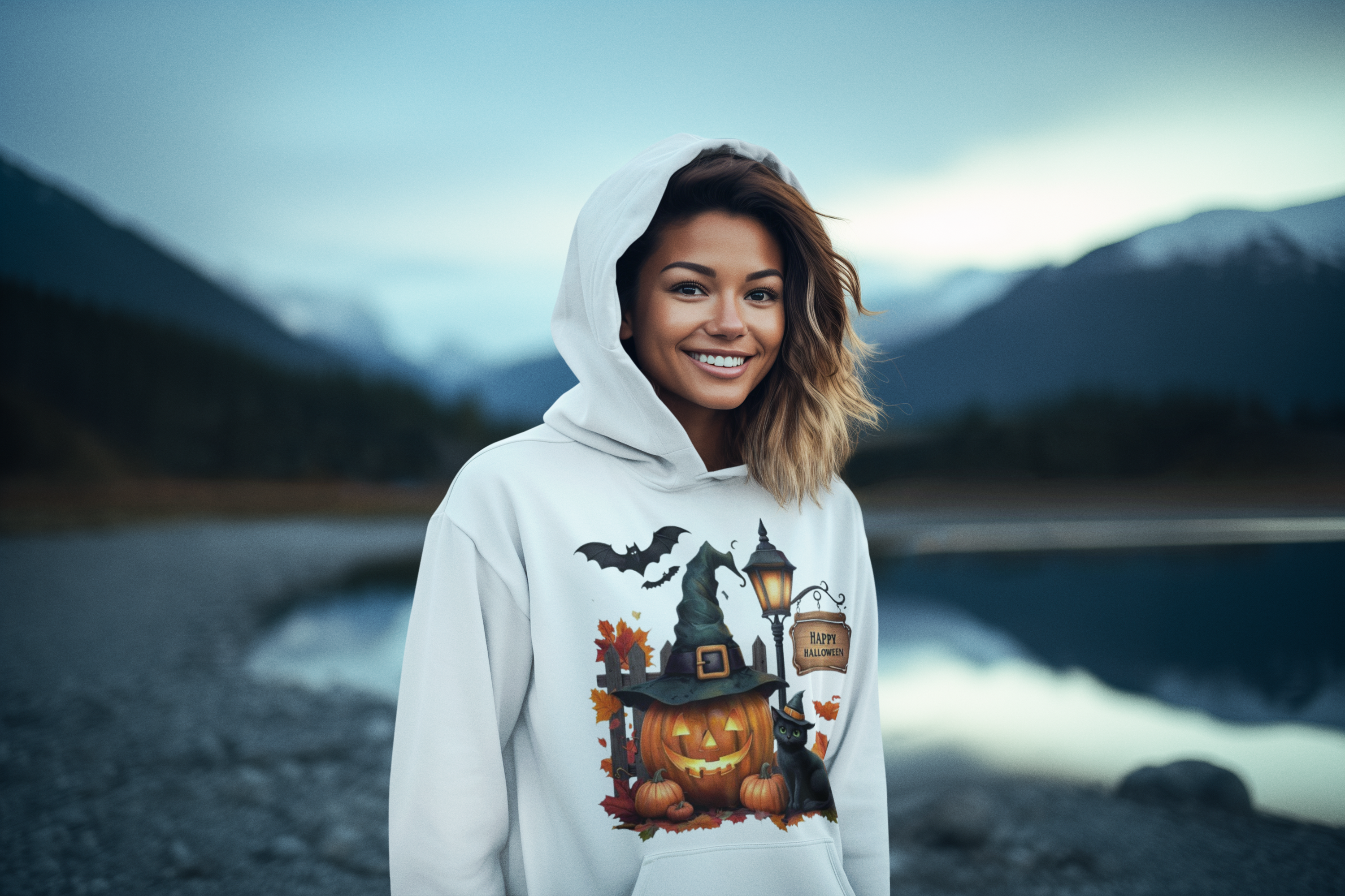 Spooky Night Cat Hoodie – Halloween Pumpkin & Bats Under Street Light Halloween Hoodie