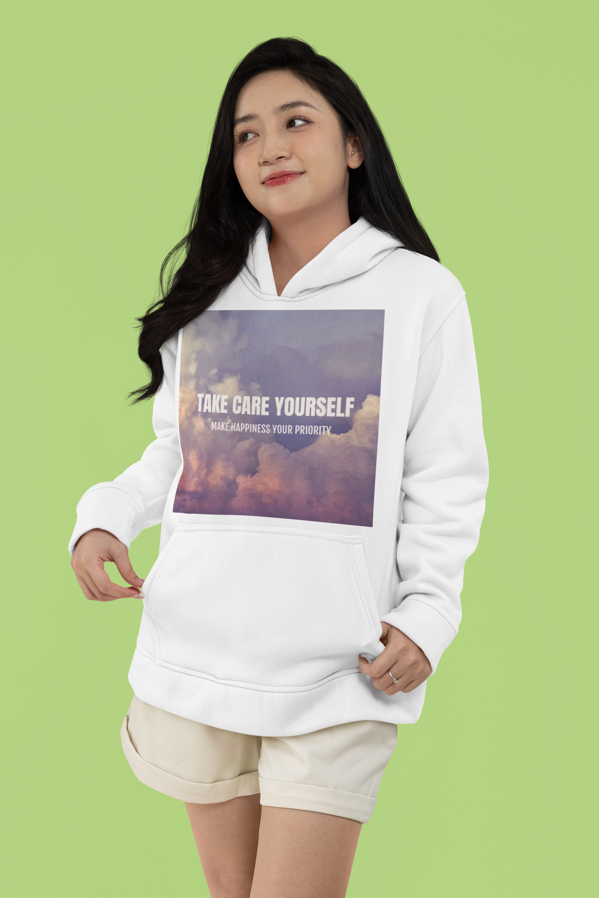 Take Care Yourself Make Happiness Your Priority White Hoodie with Inspirational Print