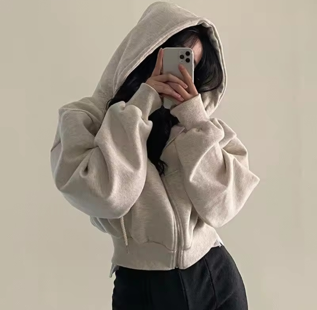 Beige Casual Hoodie Crop