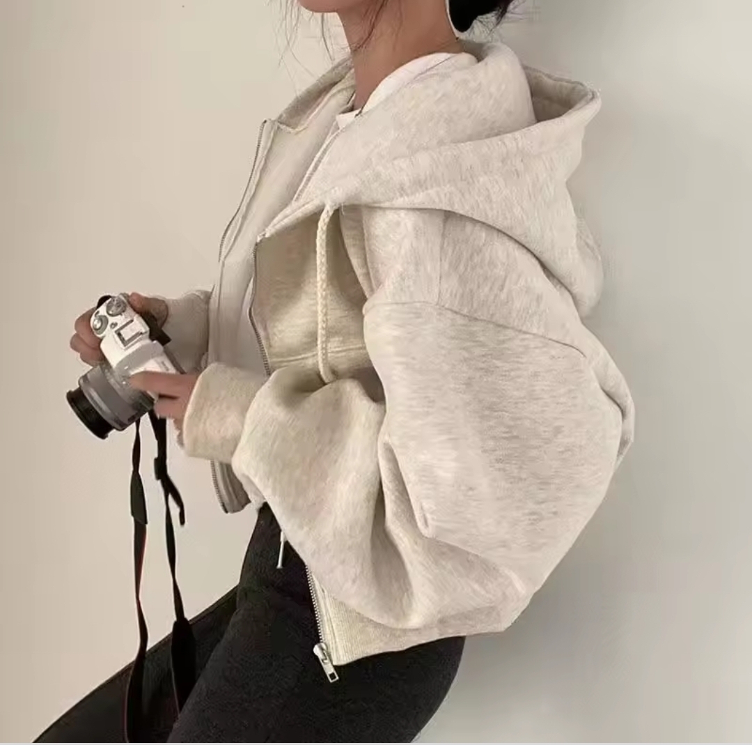 Beige Casual Hoodie Crop