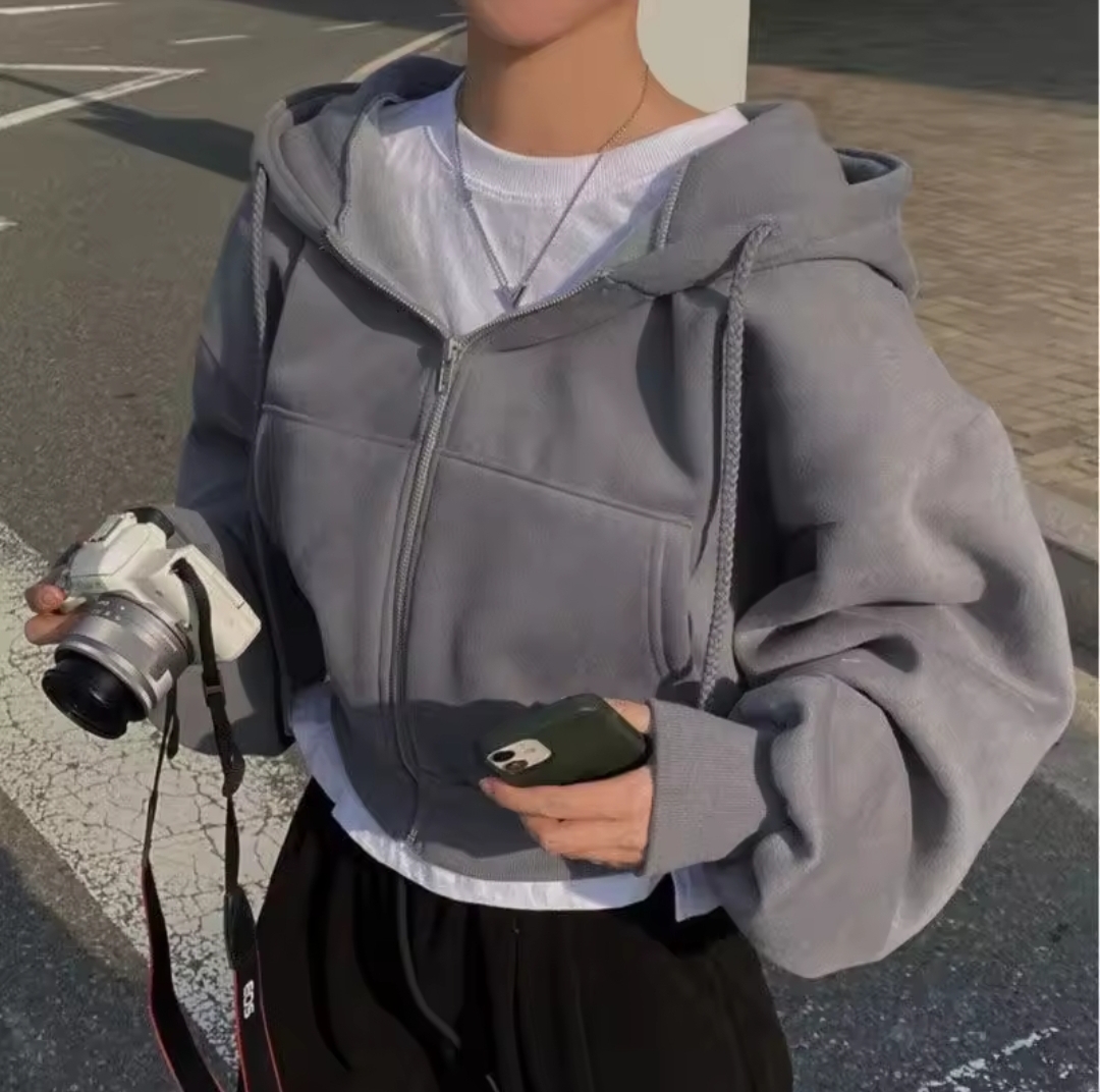 Beige Casual Hoodie Crop
