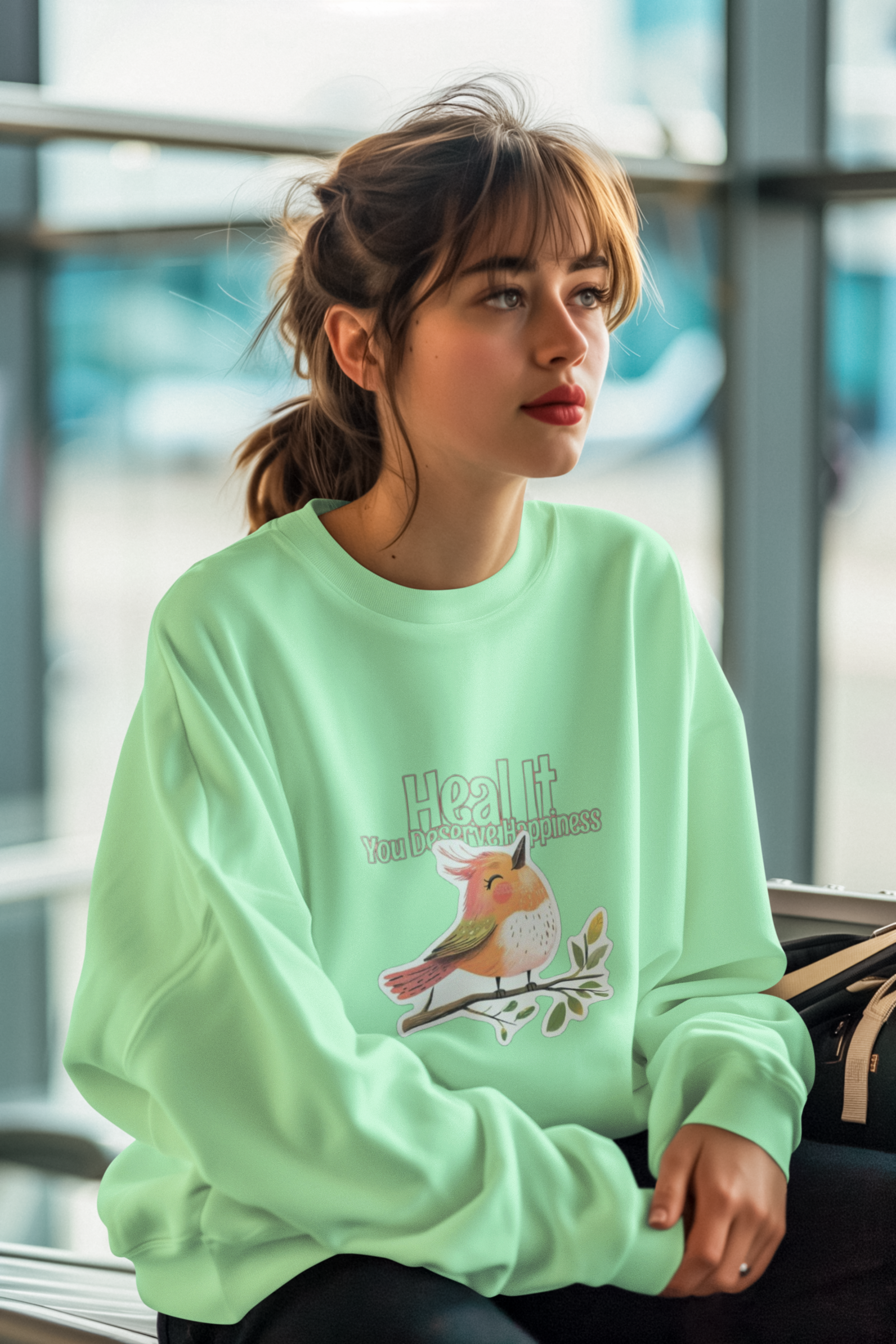 Green Sweatshirt with Bird Design