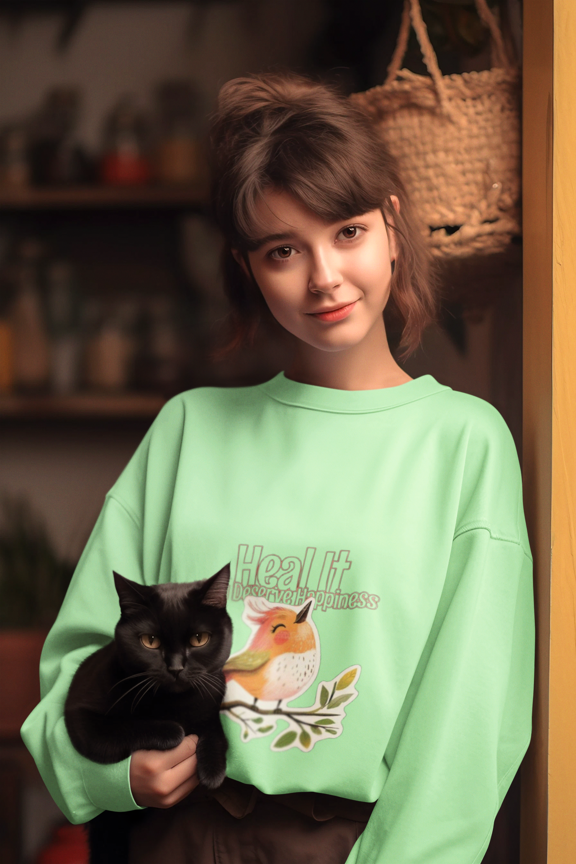 Green Sweatshirt with Bird Design
