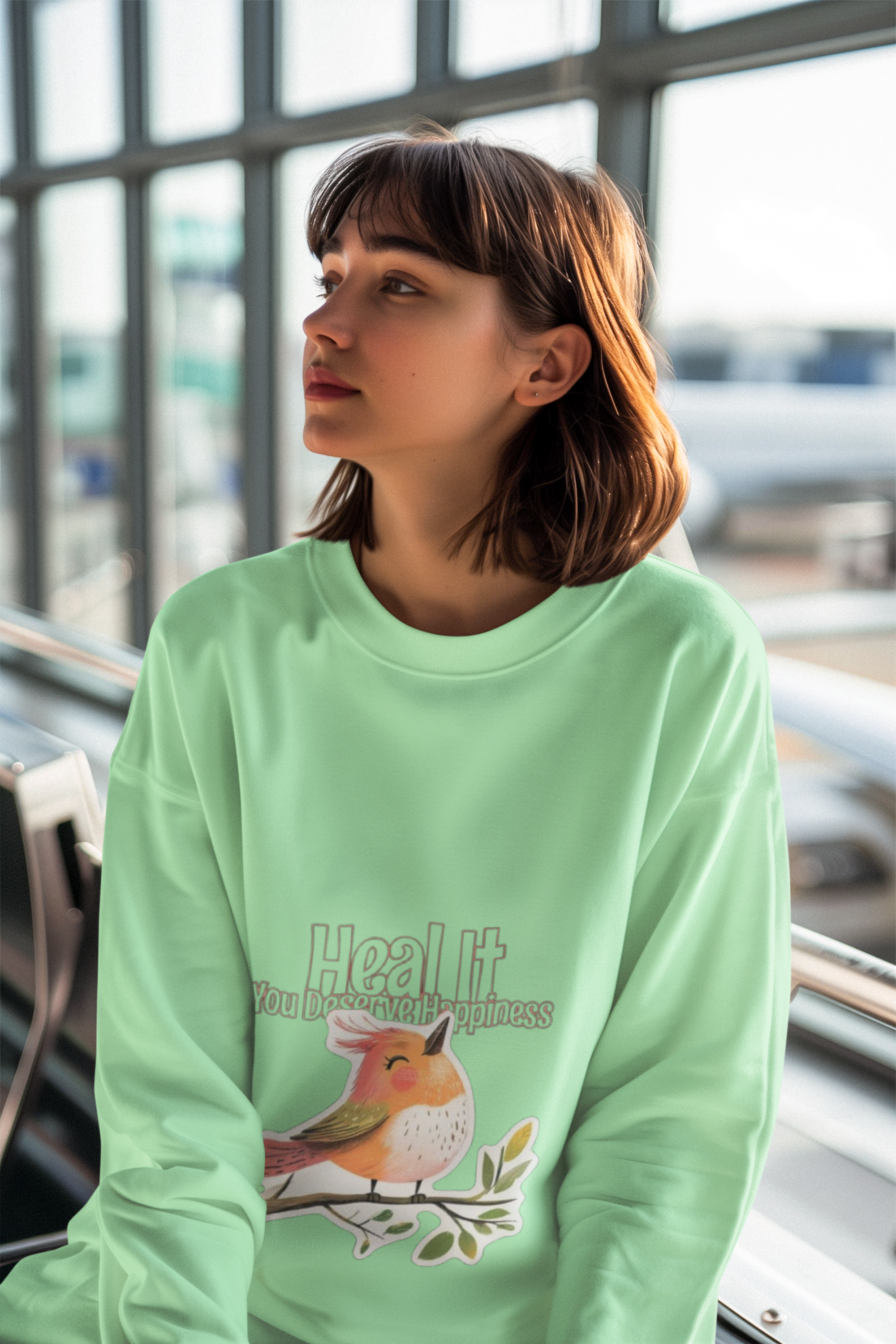 Green Sweatshirt with Bird Design