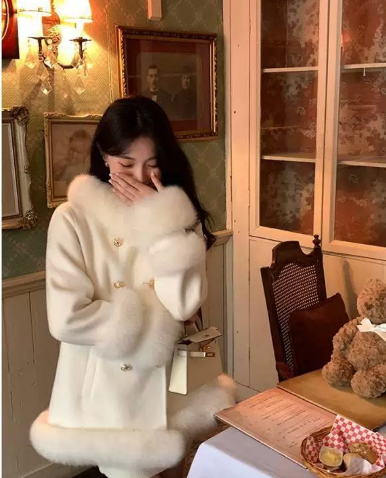 Elegant White Fur-Trimmed Coat
