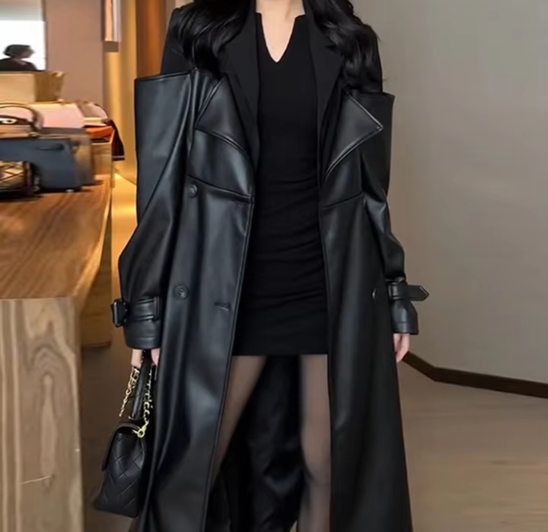 Women's Black Leather Trench Coat