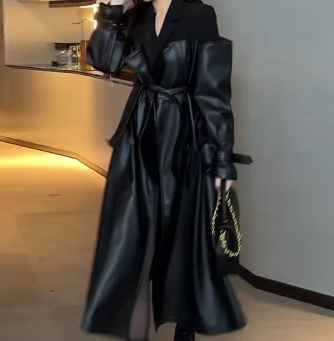 Women's Black Leather Trench Coat