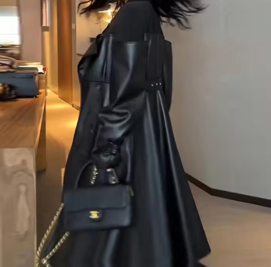 Women's Black Leather Trench Coat