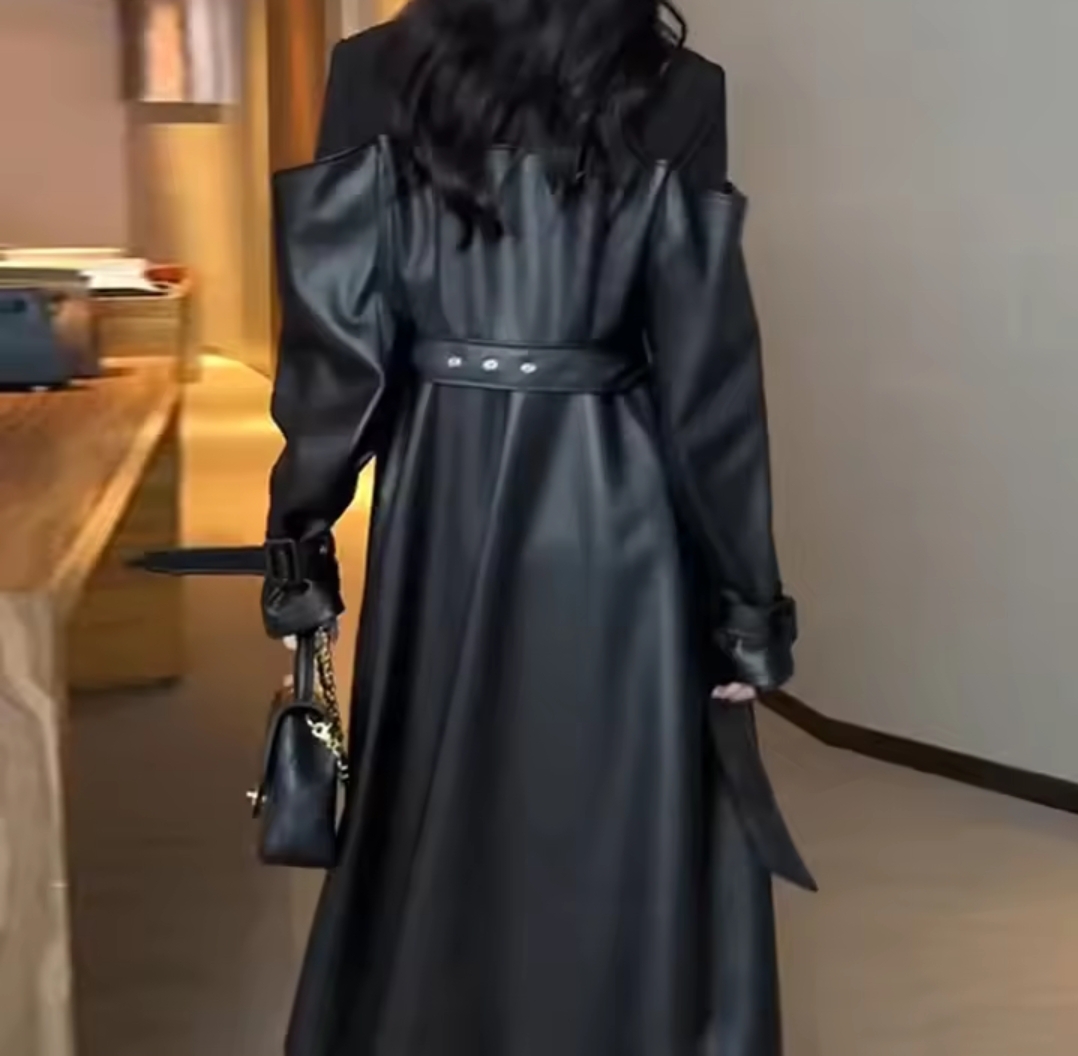 Women's Black Leather Trench Coat
