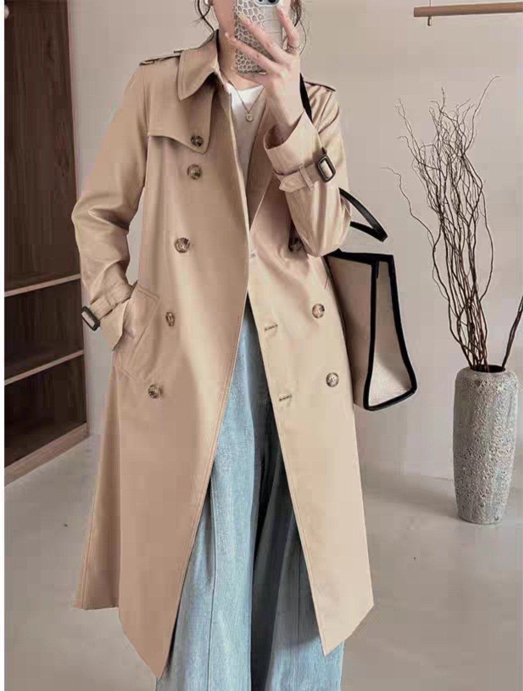 Beige Double-Breasted Trench Coat