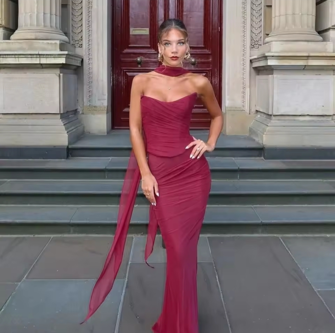 Elegant Burgundy Evening Gown Ethereal Noir: Dark Romance Lace and Velvet Ensemble