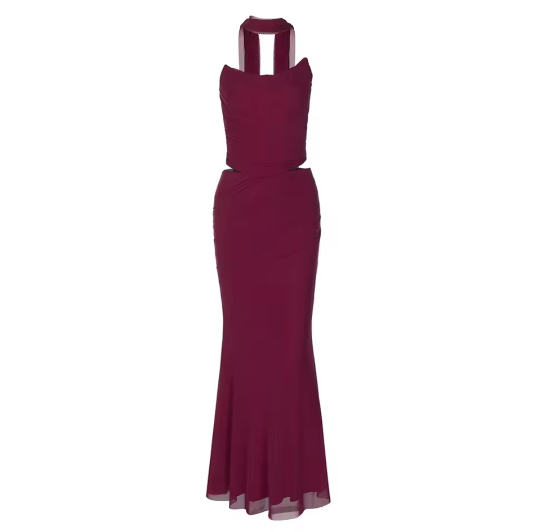Elegant Burgundy Evening Gown Ethereal Noir: Dark Romance Lace and Velvet Ensemble