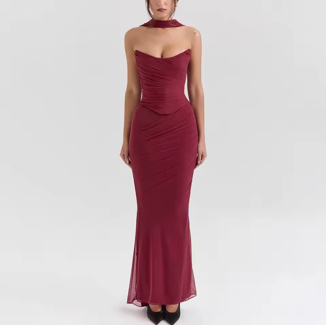 Elegant Burgundy Evening Gown Ethereal Noir: Dark Romance Lace and Velvet Ensemble