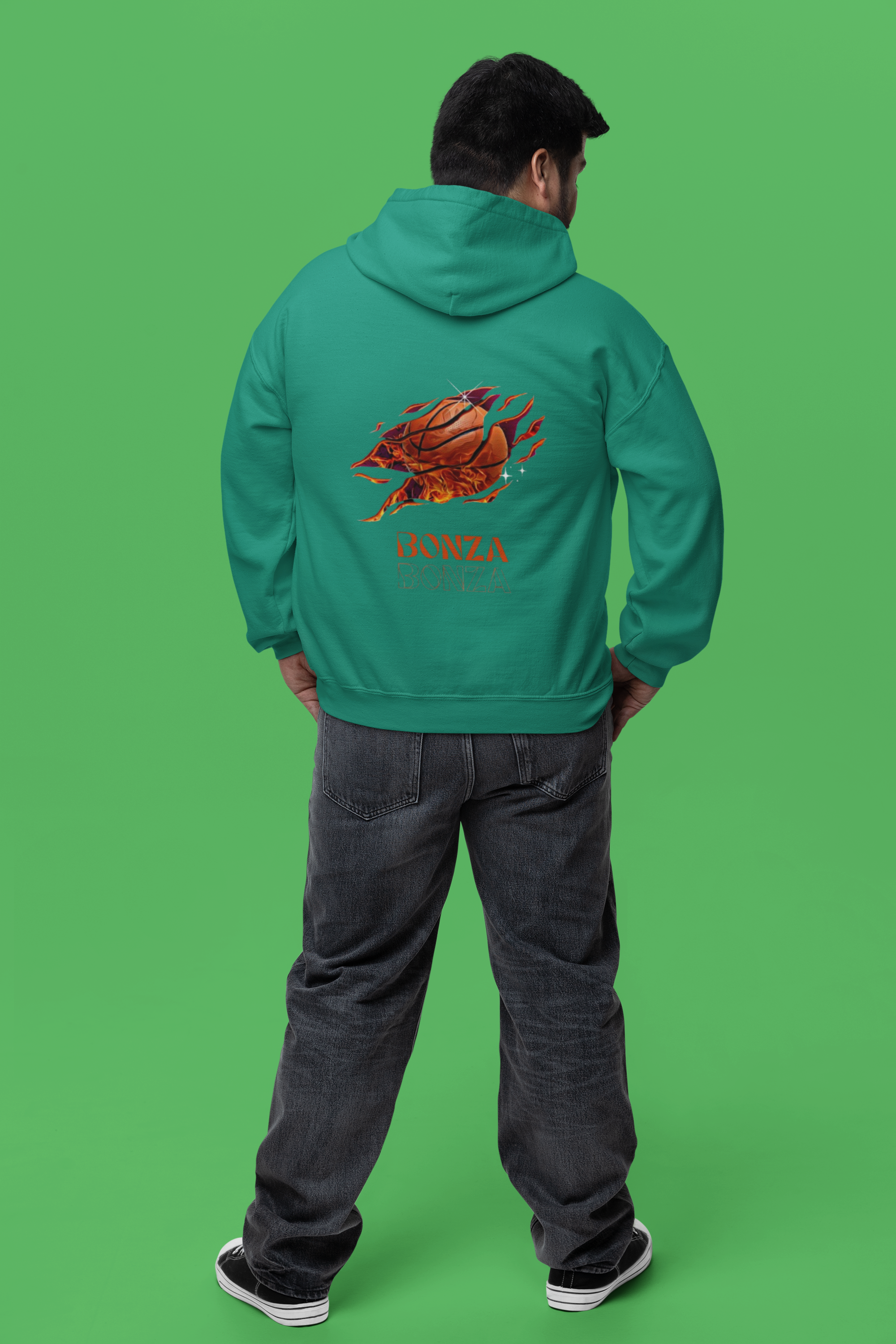 Green Hooded Sweatshirt Basketball In Fire