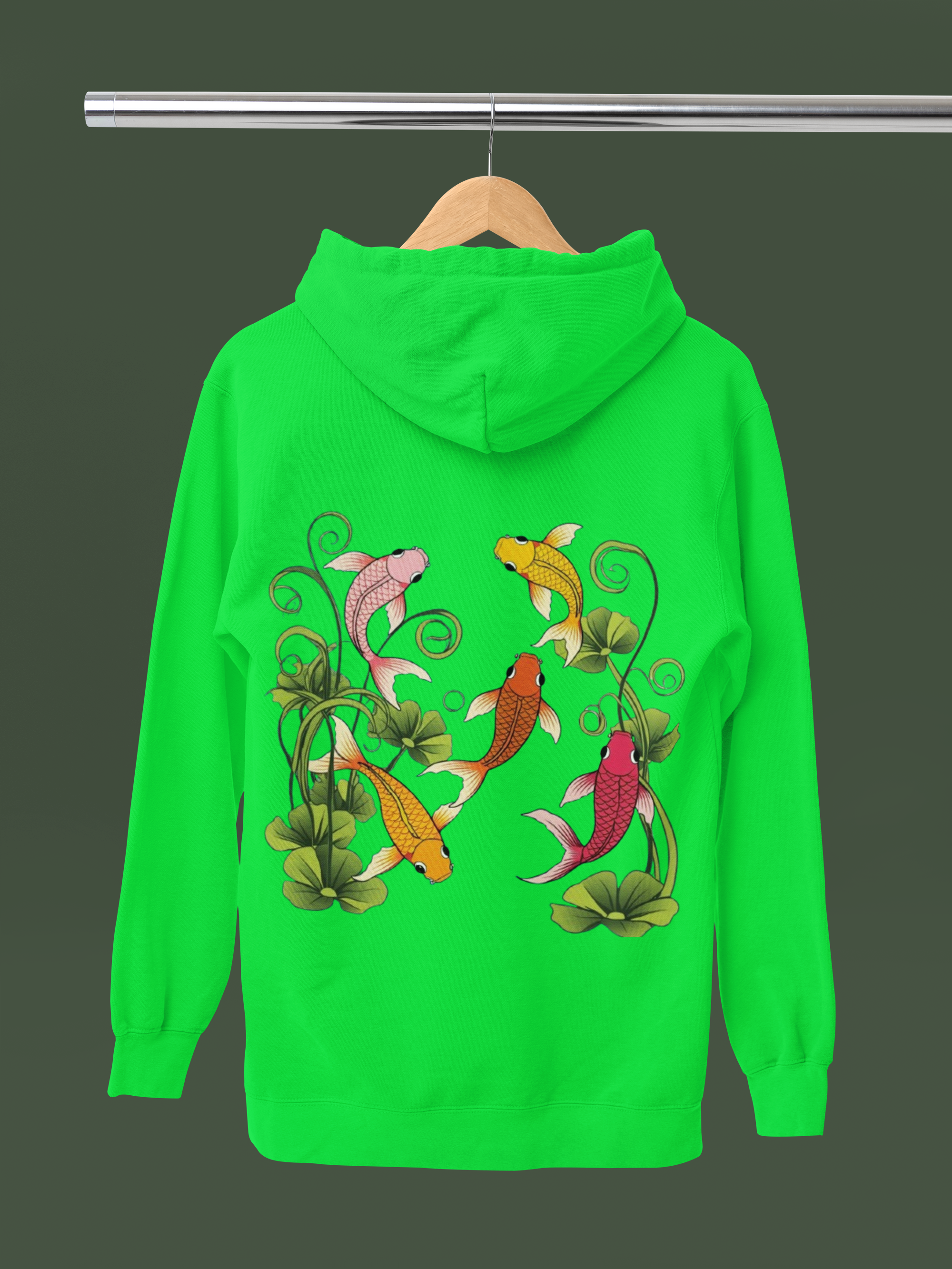 Green Hoodie with Koi Fish Design