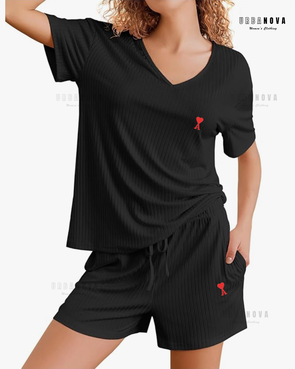 Women's Rib Fabric Shorts and V Neck T-Shirt Set