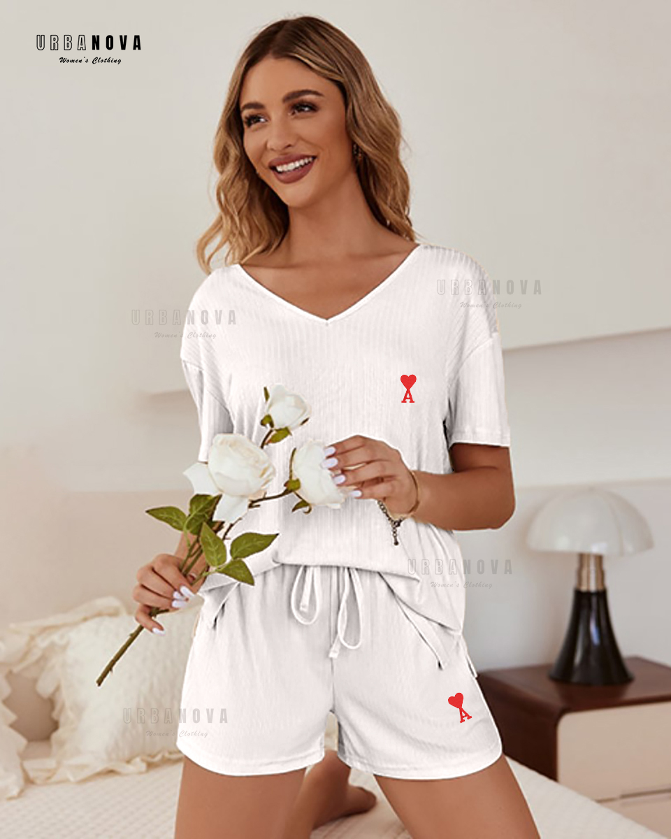 Women's Rib Fabric Shorts and V Neck T-Shirt Set