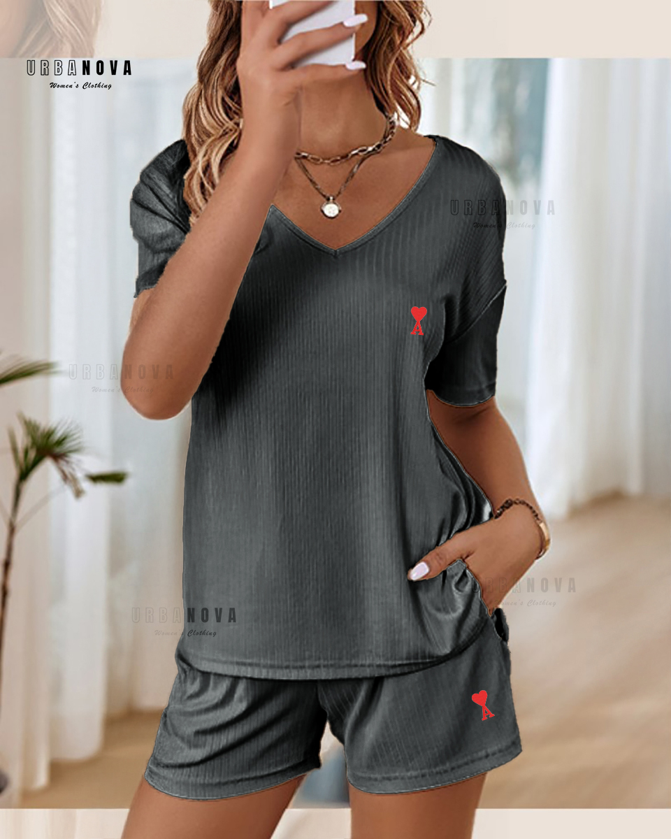 Women's Rib Fabric Shorts and V Neck T-Shirt Set