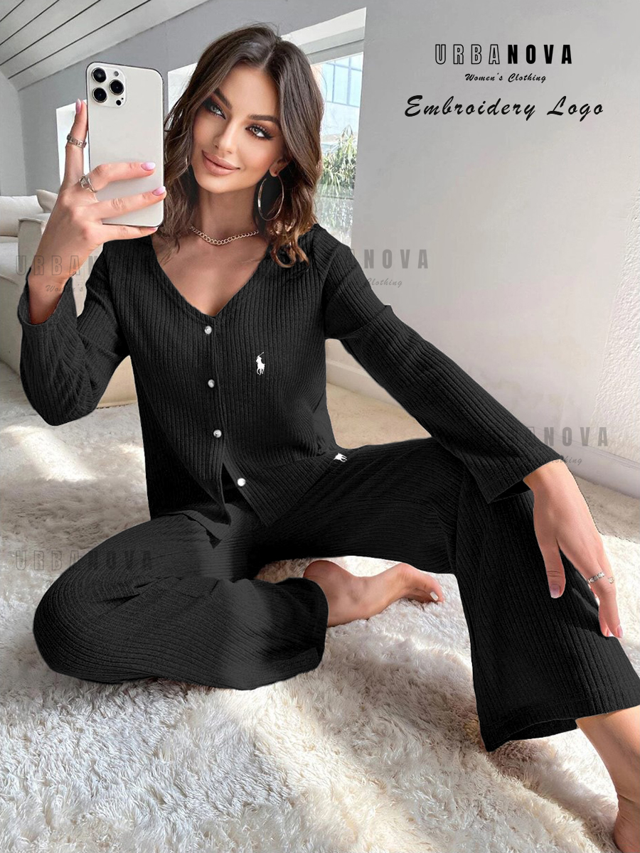 Women’s Black Ribbed Blouse Tops Lounge Set