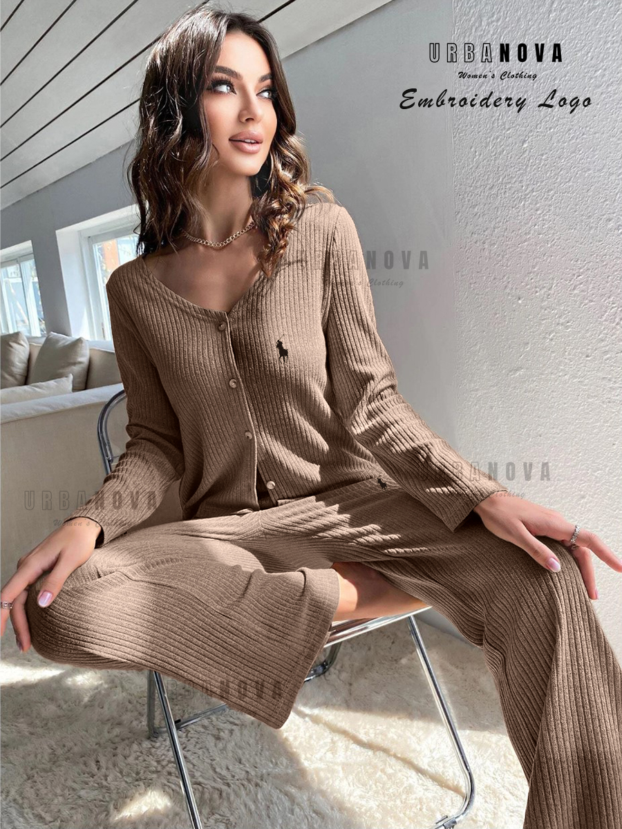 Women’s Black Ribbed Blouse Tops Lounge Set