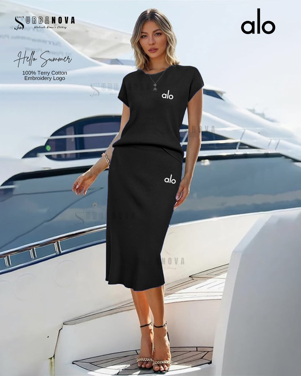 Alo Cotton Long Skirt With Tshirt Set