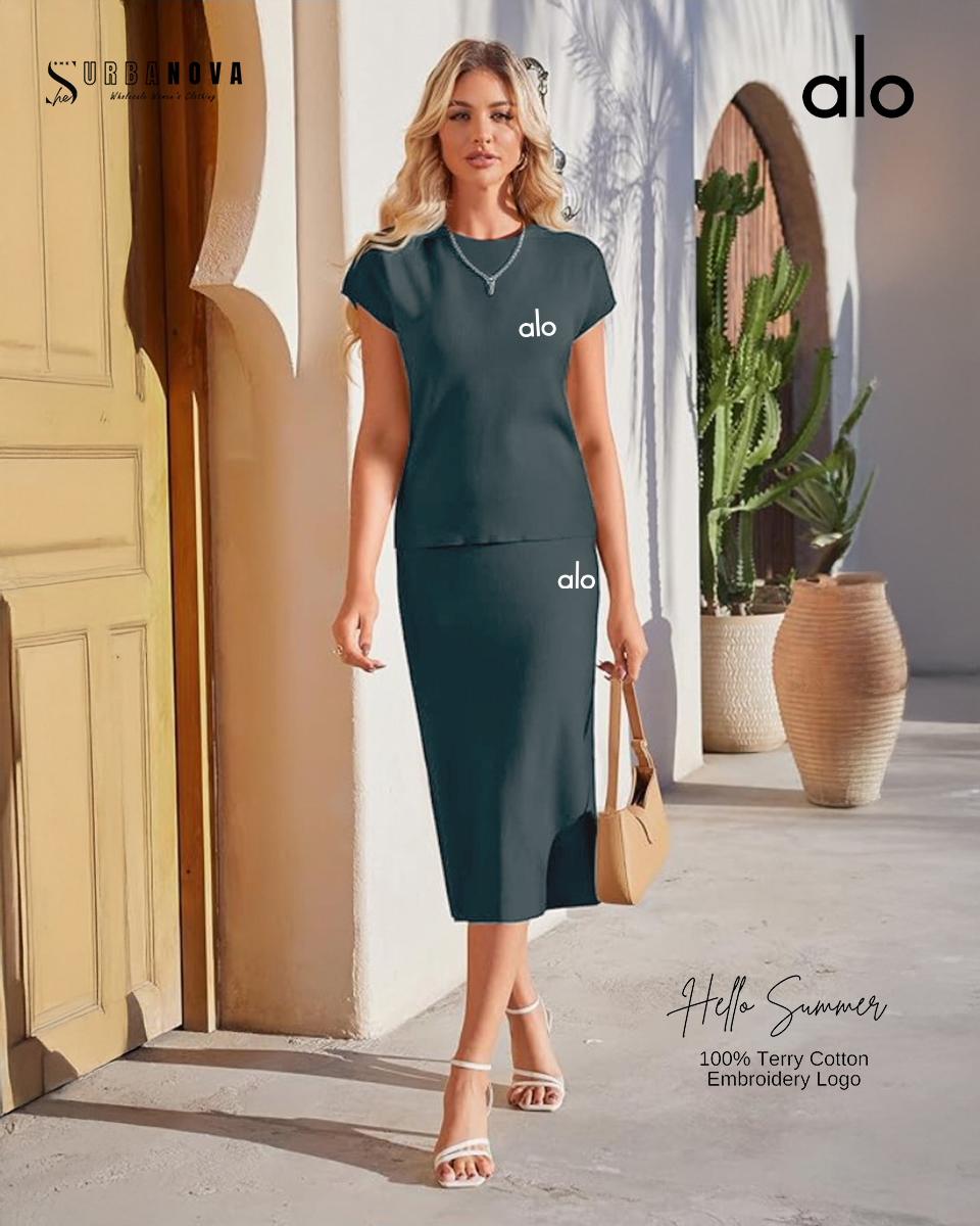 Alo Cotton Long Skirt With Tshirt Set