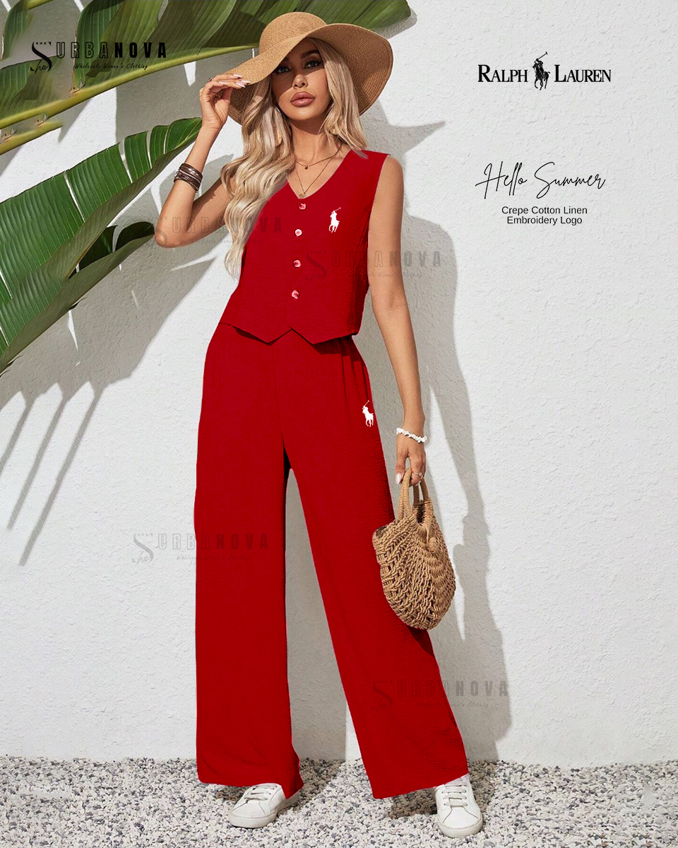 Red Crepe Cotton Linen Set