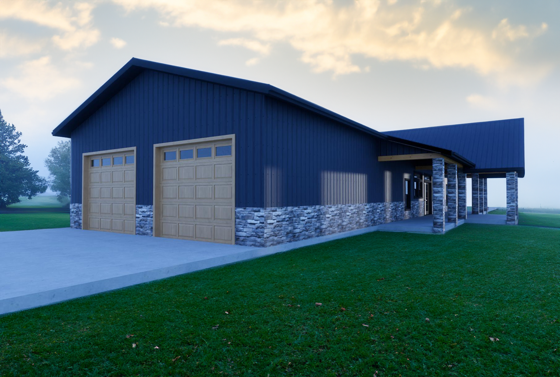 Charming 2,193 SqFt Barndominium Plan by Buckeye Plans - 3 Bed, 2 Bath, Loft, Dogwash, Safe Room, Spacious Porches - Plan #BD-001