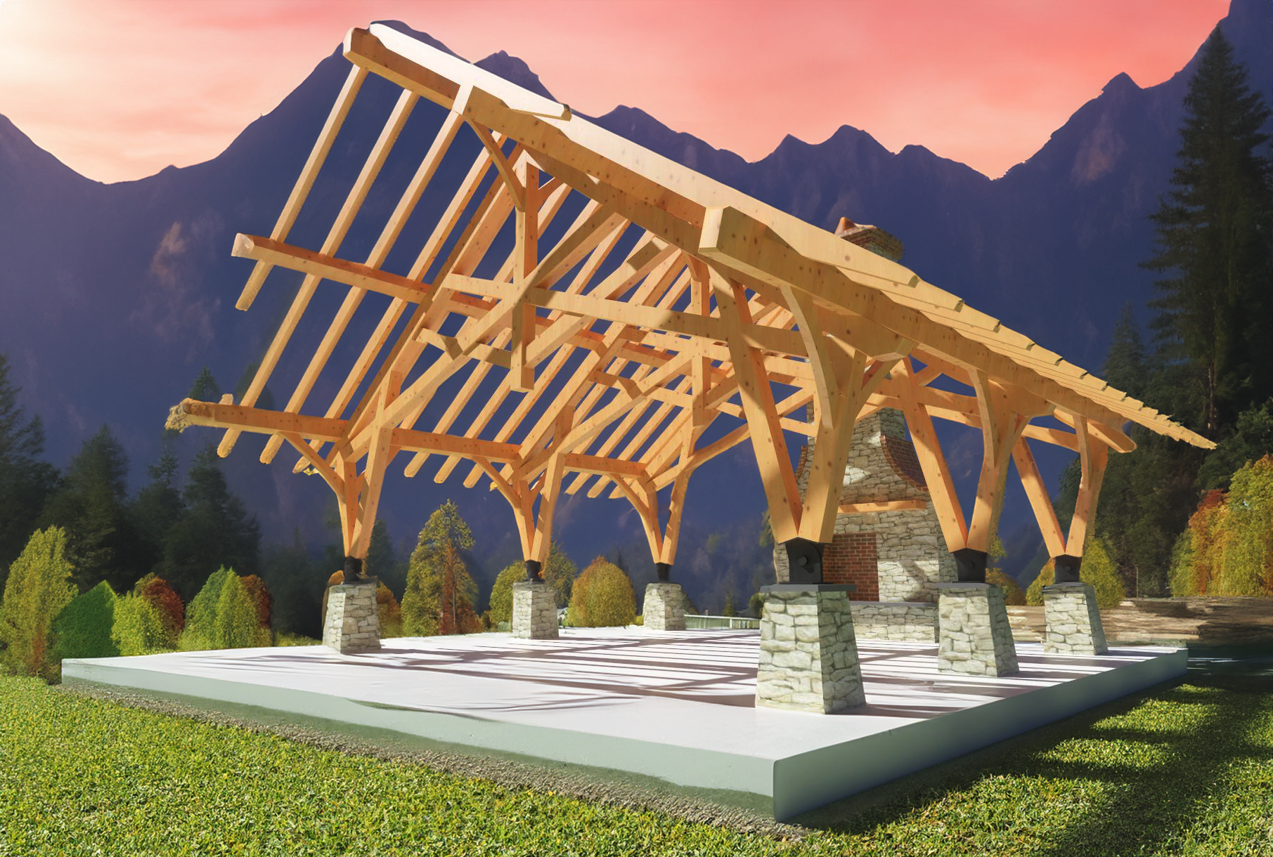 Timber Frame Pavilion Plan with Fireplace – 28'x32'