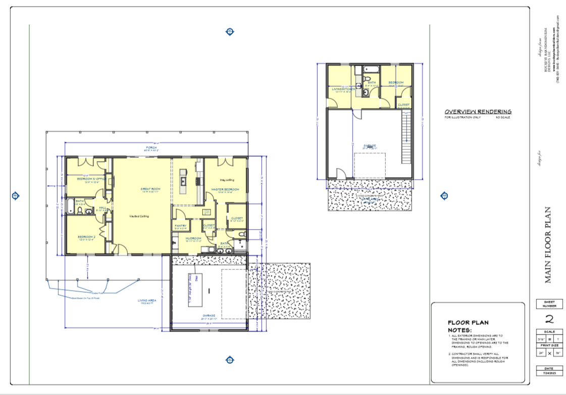 Buckeye Plans - BD019: 1,902 SqFt 3-Bedroom Barndominium with 1-Bedroom Guest House