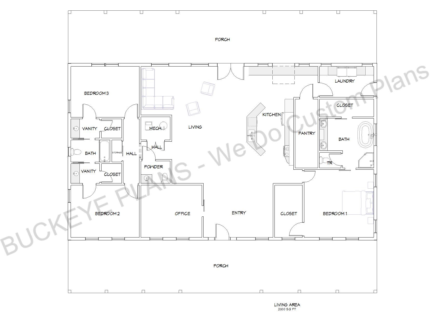 Plan BD020 - Spacious 2800 SqFt Barndominium with Office by Buckeye Plans