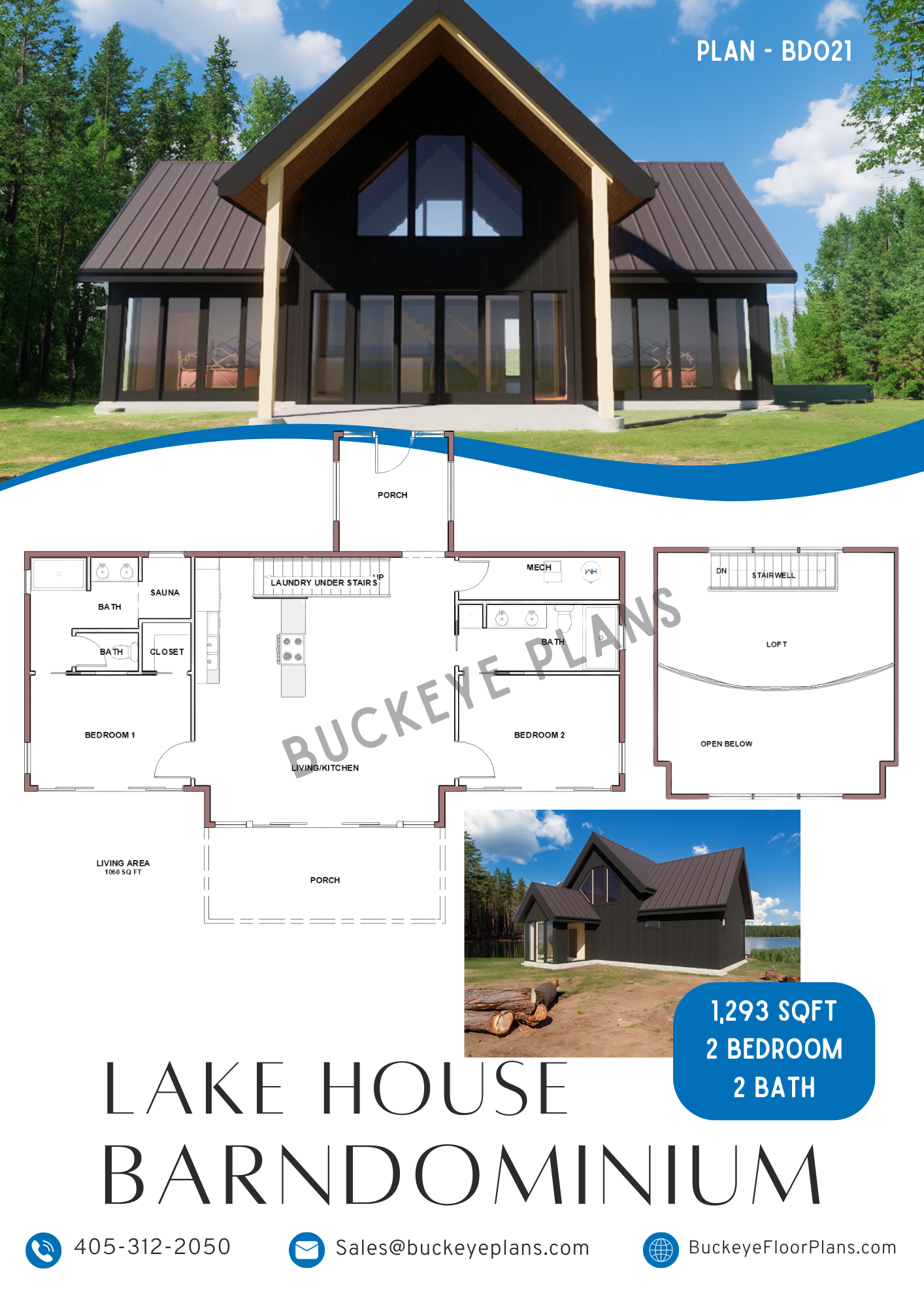 Plan BD021 - Stylish 1060 SqFt Lakehouse-Themed Barndominium with 233 SqFt Loft by Buckeye Plans