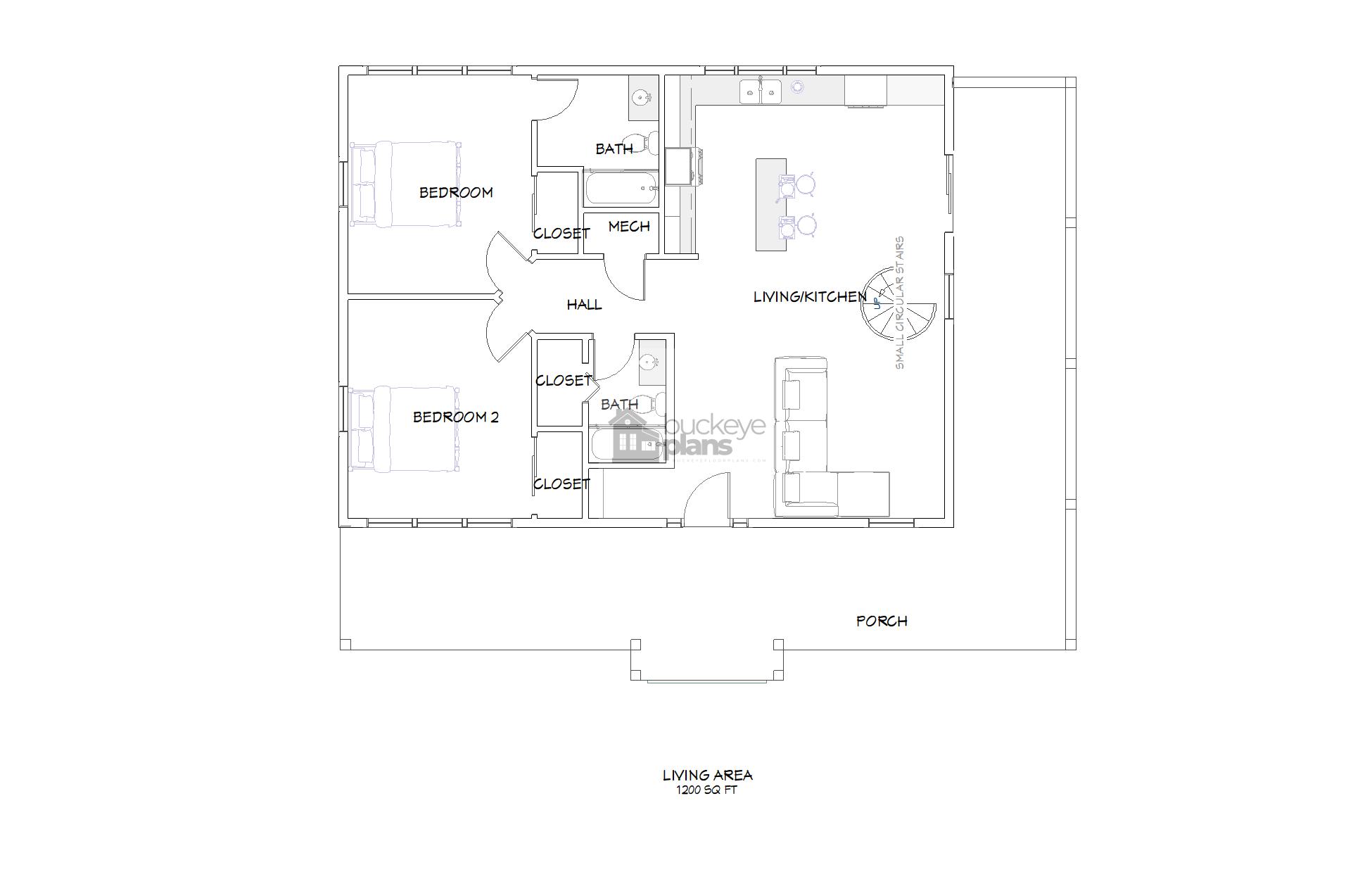 Sage Green - 1: 2-Bedroom House Plan (1,200 SqFt)