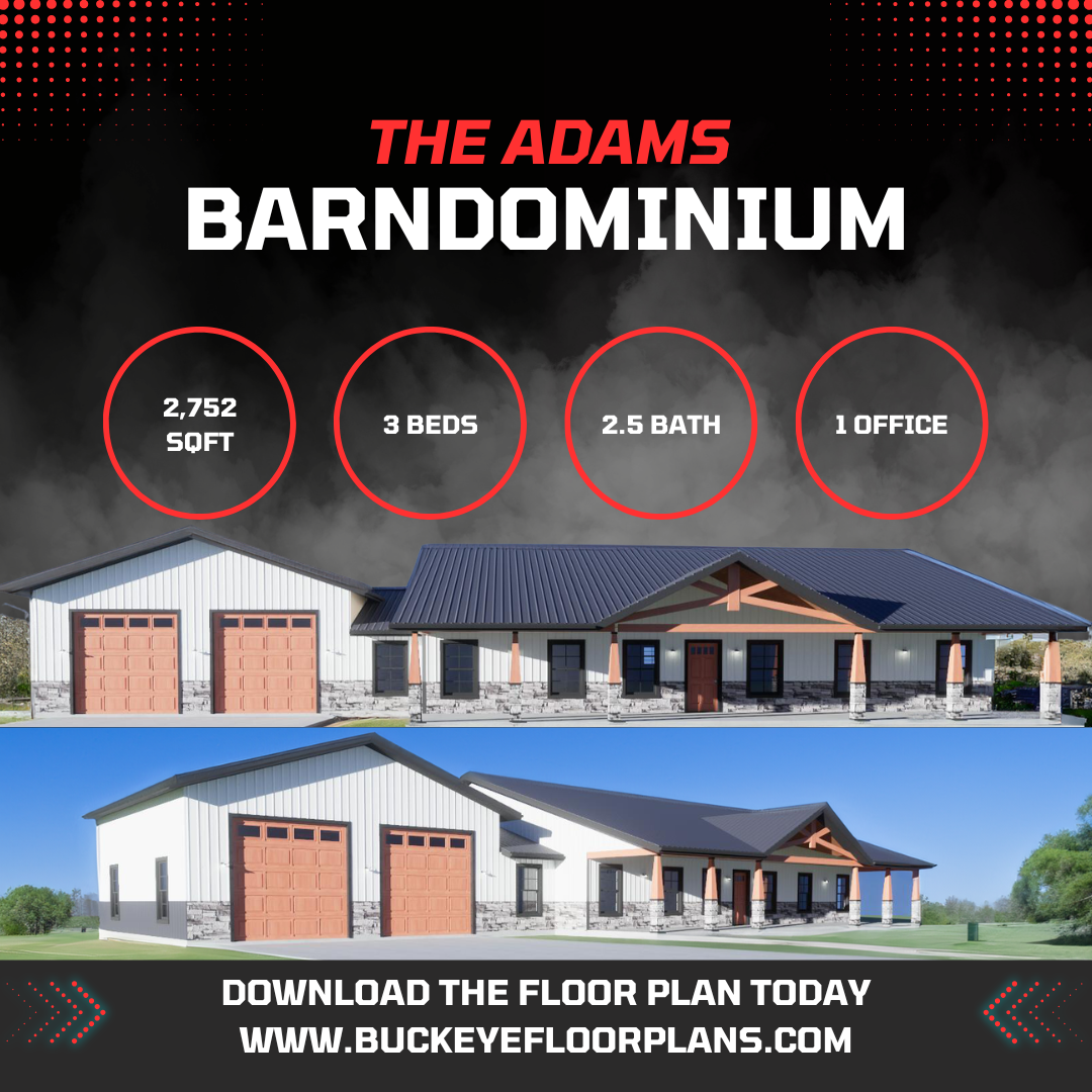 Adams Barndominium – 2,752 Sq. Ft. 3-Bedroom Barndominium Floor Plan and Elevations