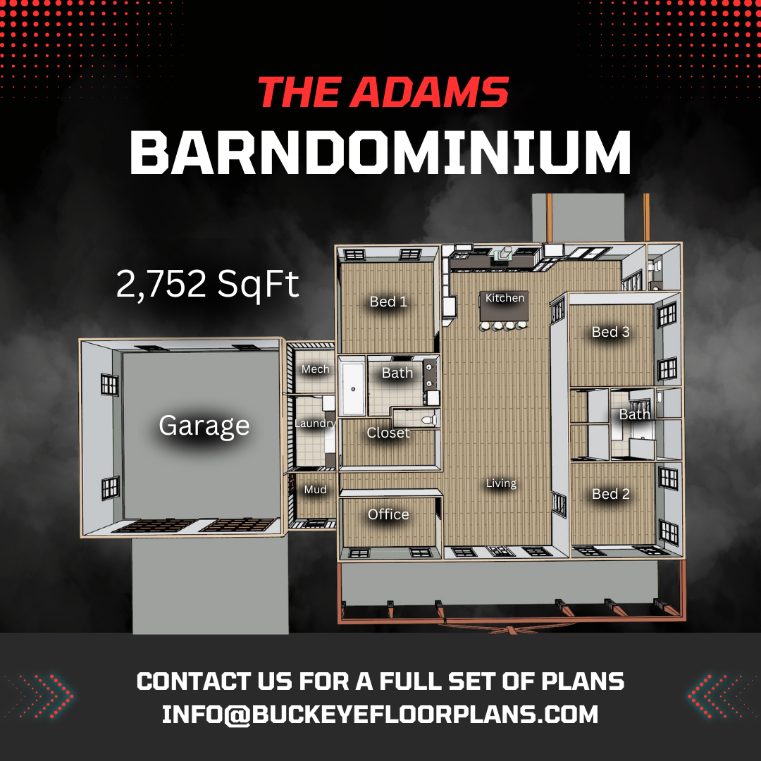 Adams Barndominium – 2,752 Sq. Ft. 3-Bedroom Barndominium Floor Plan and Elevations