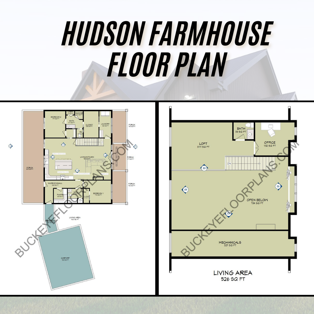 The Hudson Farmhouse Plan – 2,346 SqFt with Loft, Office, and Carport
