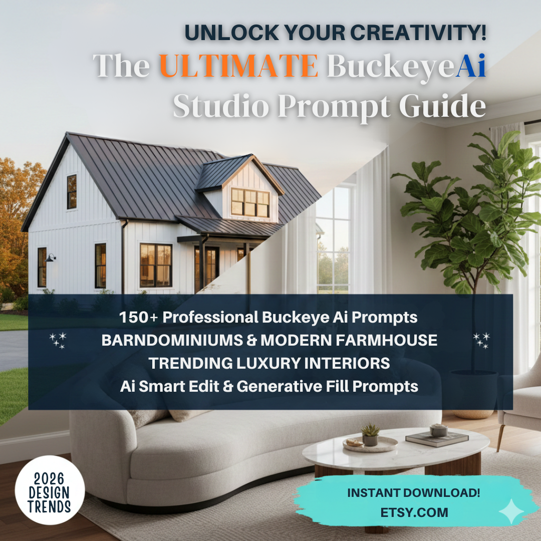 150+ BuckeyeAi Studio Prompts Barndominium Modern Farmhouse Designs Trending Interior Design Image Editing Guide AI Architecture