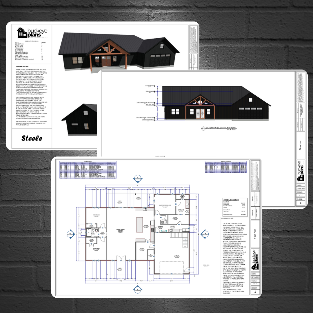Steele Modern Barndominium Floor Plan | 4649 SF Total | 3 Bed, Porch, Bonus Room, Garage