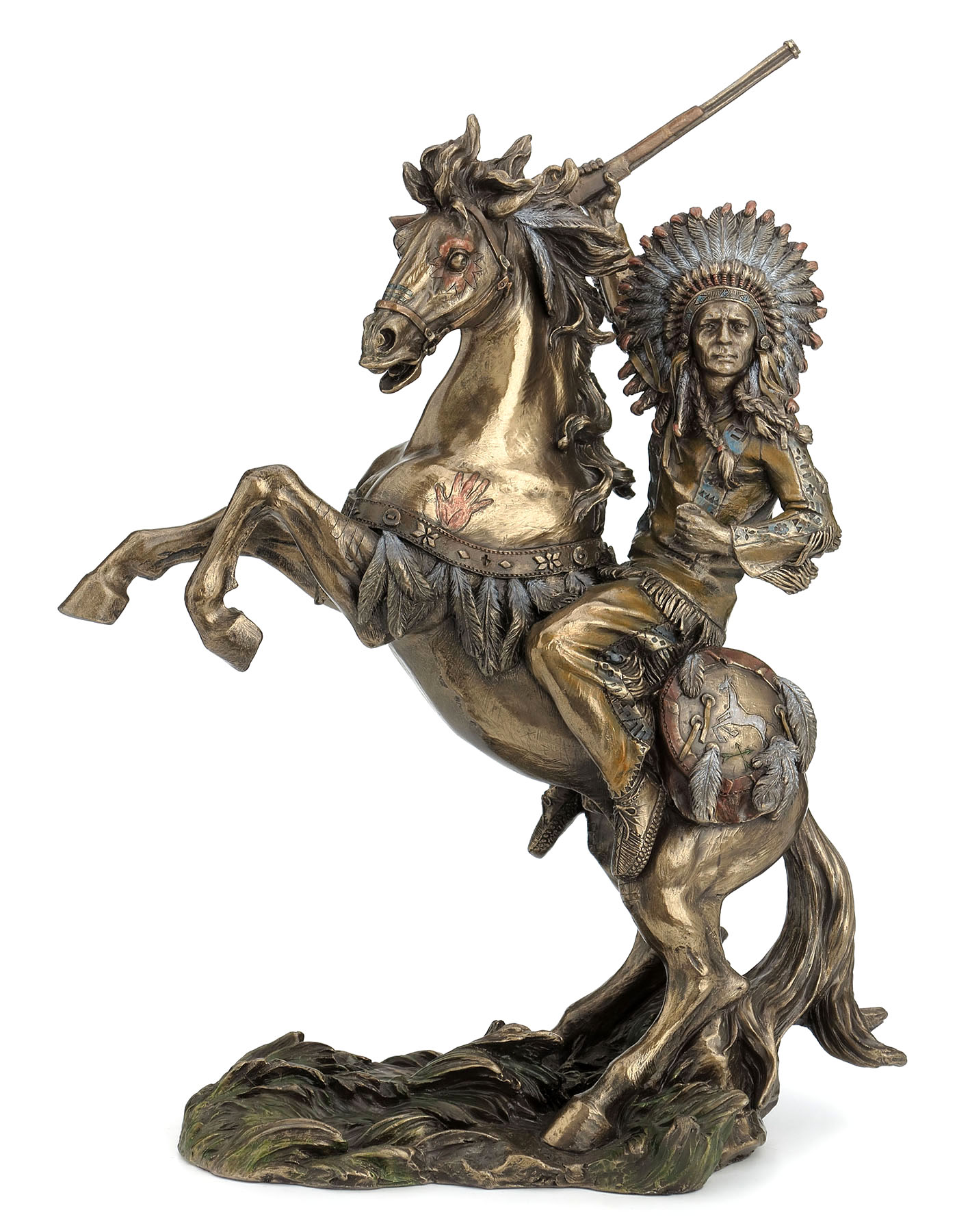 SIOUX CHIEF RAISING RIFLE ON A REARING HORSE