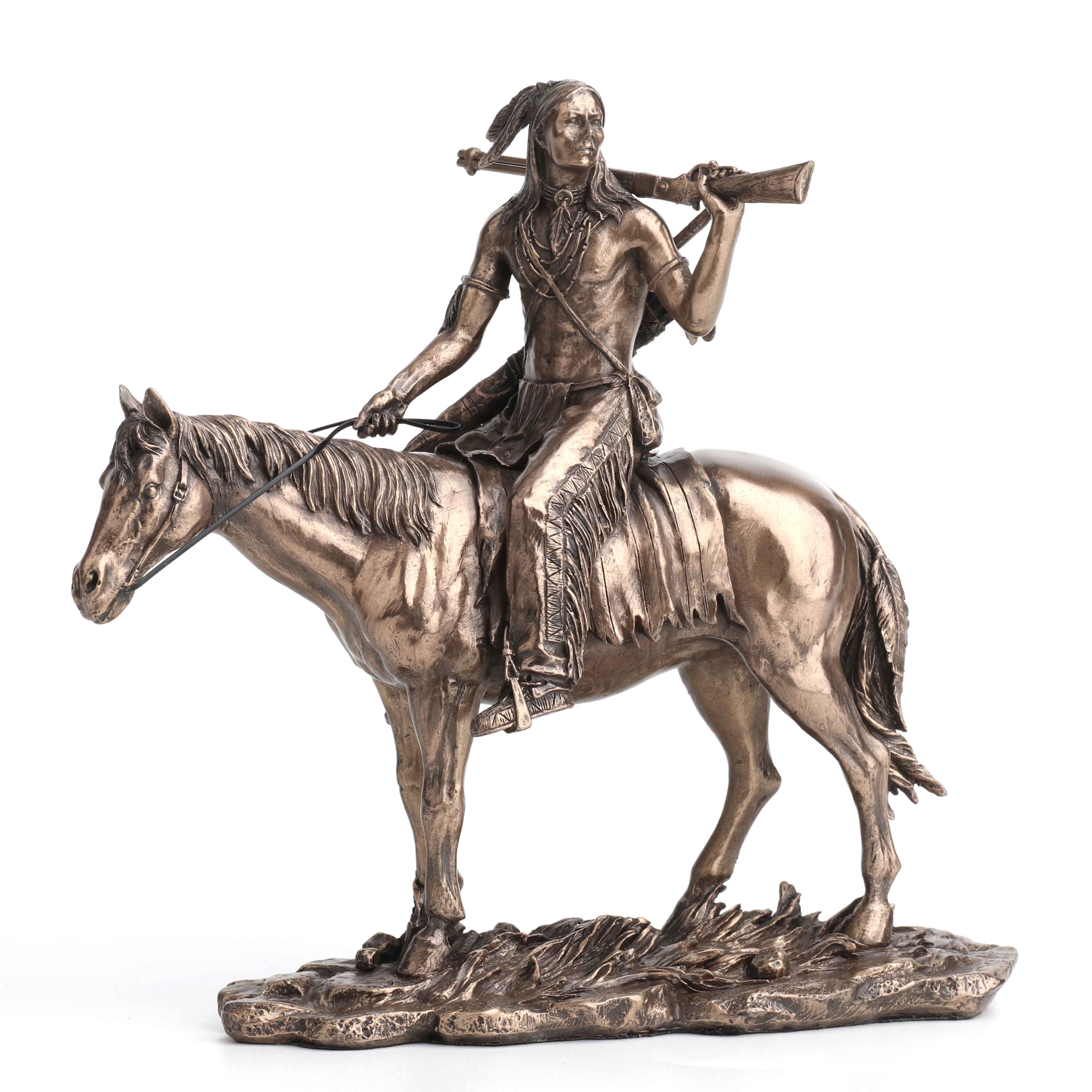 INDIAN RIDING HORSE RESTING RIFLE ON SHOULDER