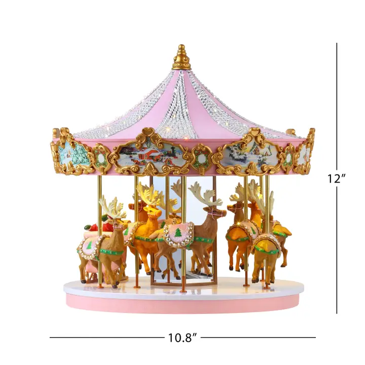 12" Animated & Musical Pink Crystal Carousel